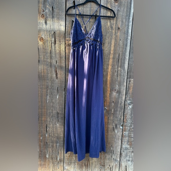 NWT Moon River Navy Blue Cotton Lace Tie Back Maxi Dress with Adjustable Straps - Picture 4 of 10